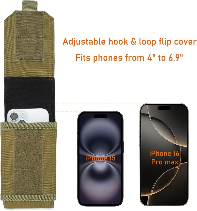 Lemubeane Tactical Molle EDC Phone Pouch Universal Dual Mobile Phone Holster Holder with US Flag Patch (OD Green) - Image 3
